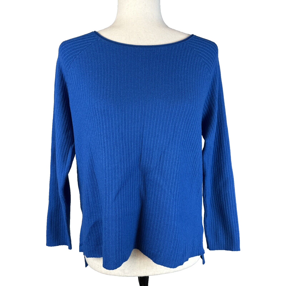 Eileen Fisher Boat Neck Raglan Sleeve Merino Wool Rib Sweater Size M Marine Blue